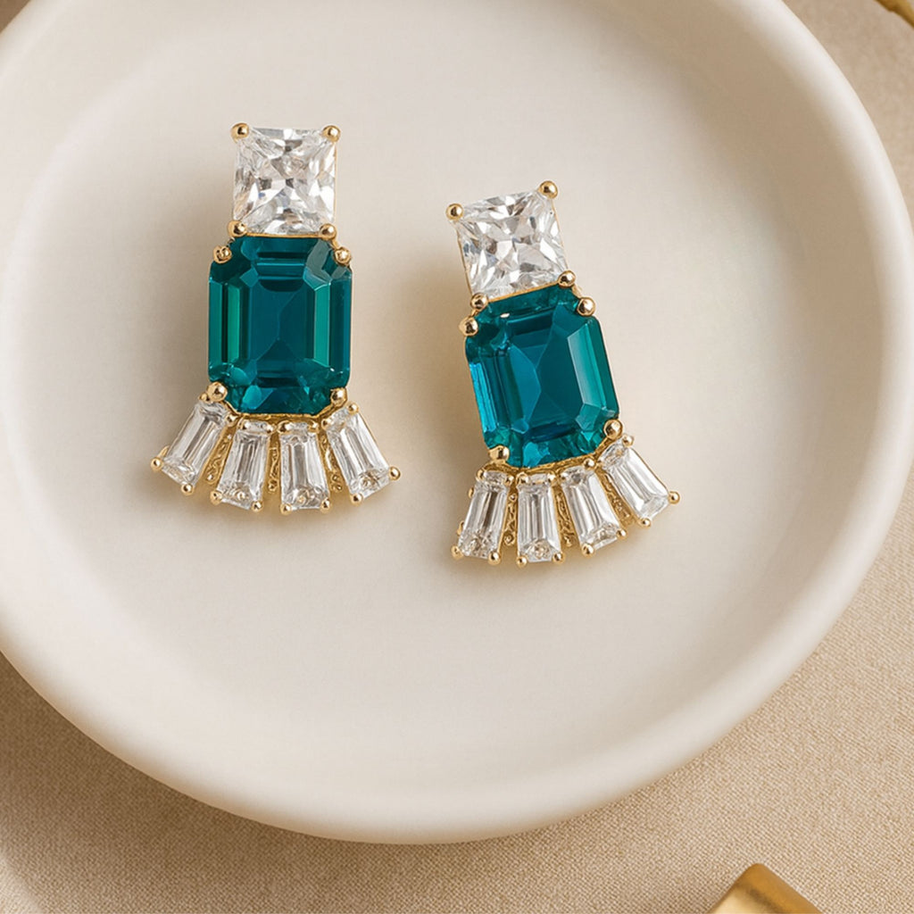 Teal Emerald-Cut Crystal Earrings | Premium Western Party Wear Jewelry