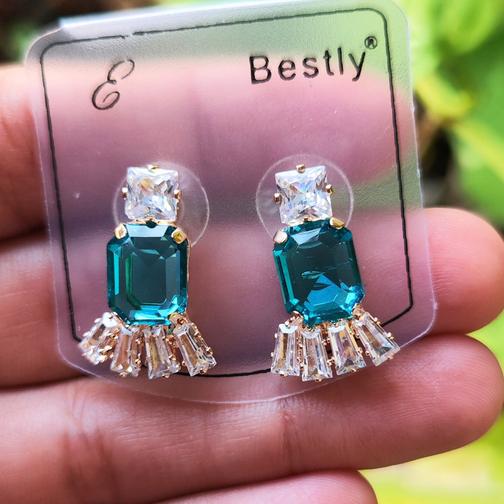 Teal Emerald-Cut Crystal Earrings | Premium Western Party Wear Jewelry