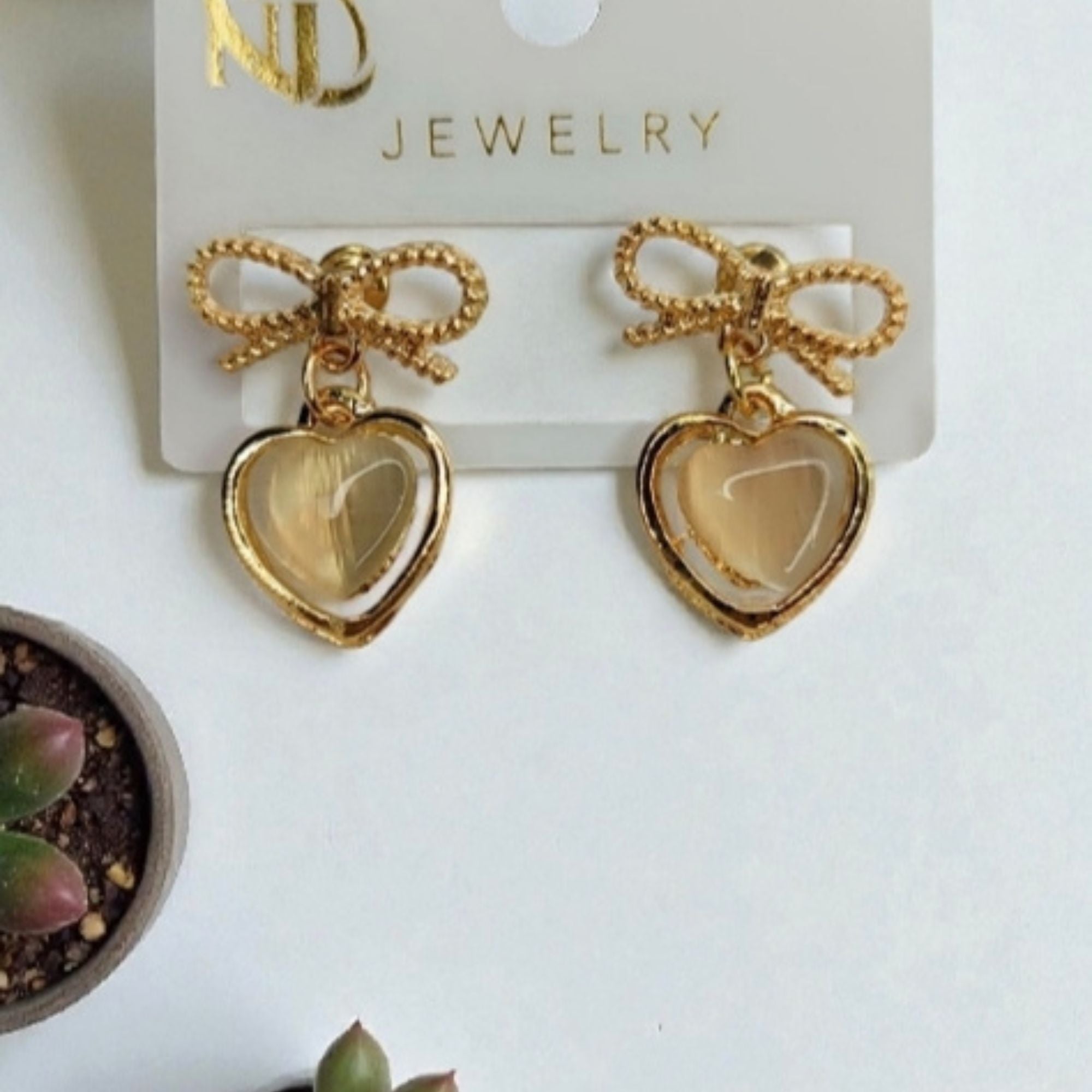 Golden Bow Knot Heart Drop Earrings – Cute Dangle Earrings for Women & Girls | Tanziz Collection