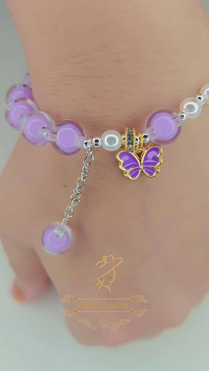 Lavender Butterfly Beaded Bracelet – Elegant Plastic & Pearl Beads Charm Bracelet for Women & Girls | Tanziz Collection